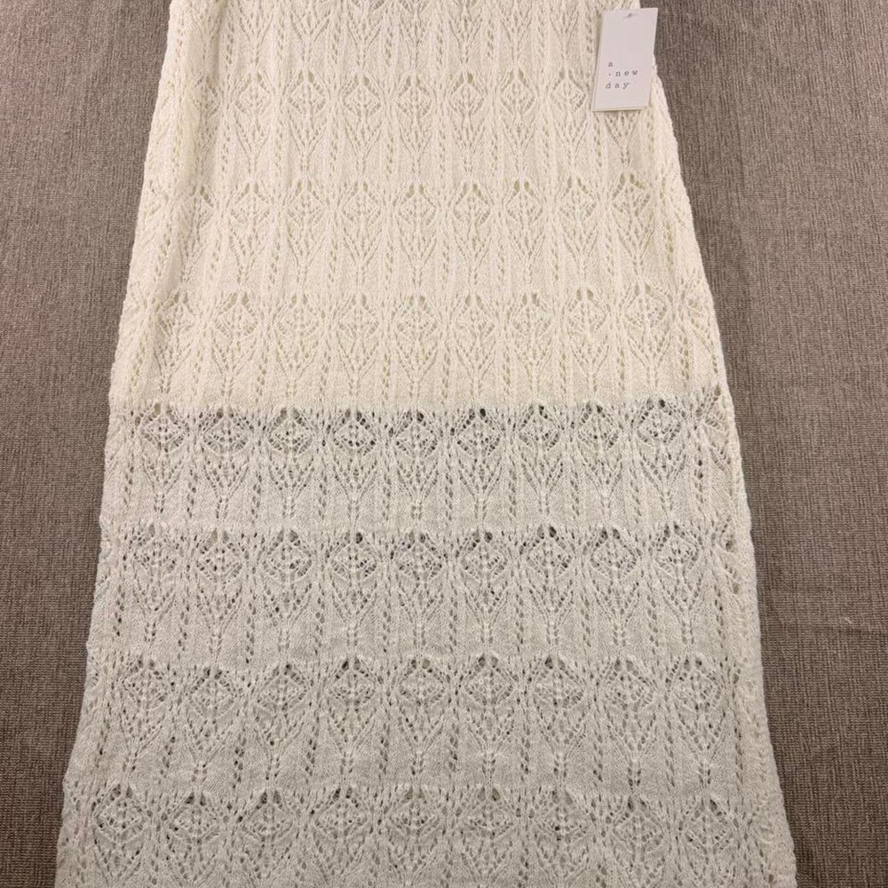 A New Day Womens Open-Knit Crochet Maxi Skirt Cream Large NWT Boho Resort Slit